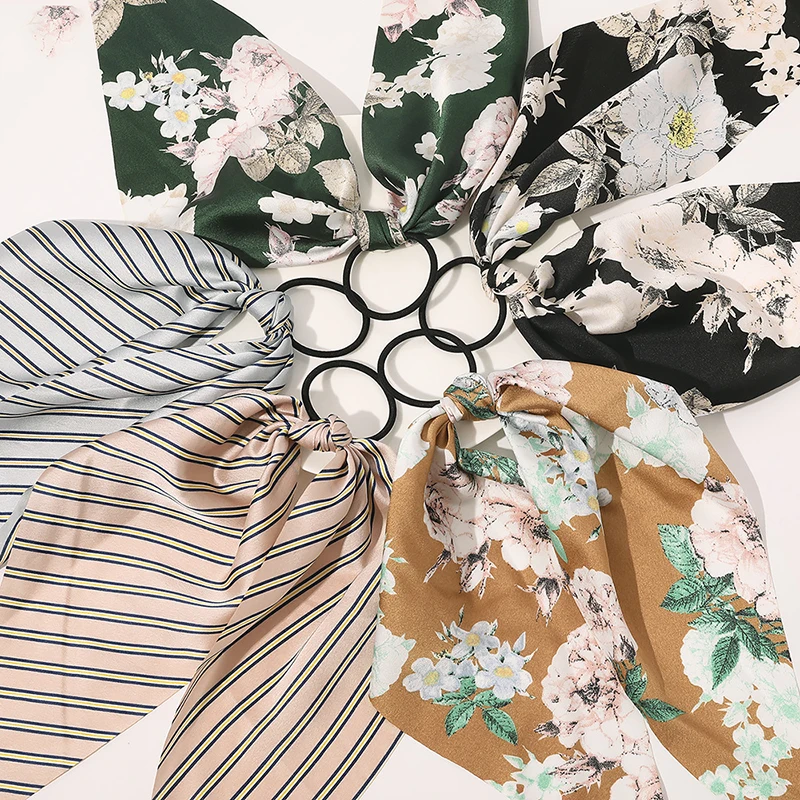 

Floral Print Bow Satin Long Ribbon Ponytail Scarf Hair Tie Scrunchies Women Girls Elastic Hair Bands Hair Accessories Headband