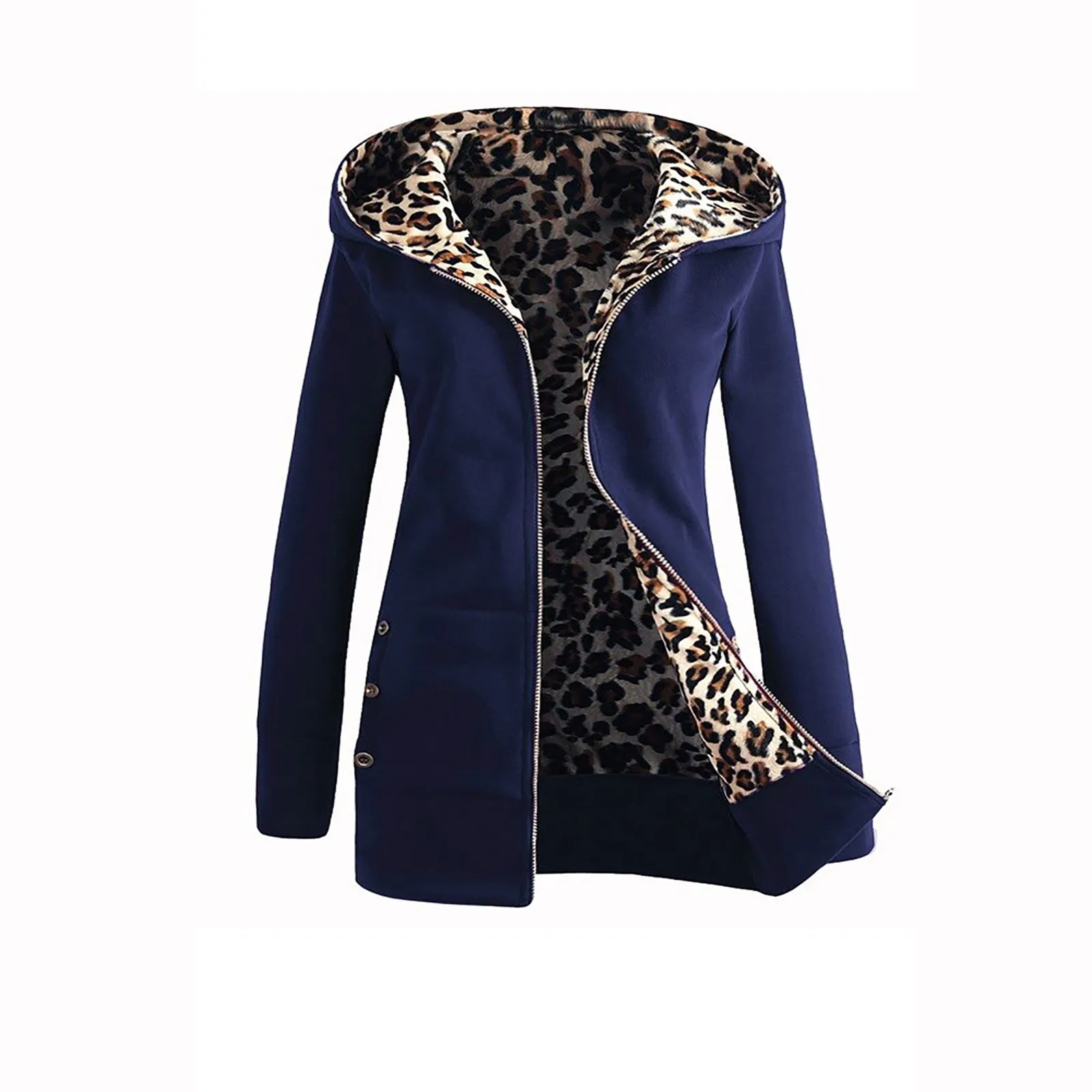 

Женское бархатное пальто на молнии, с капюшоном и леопардовым принтом
