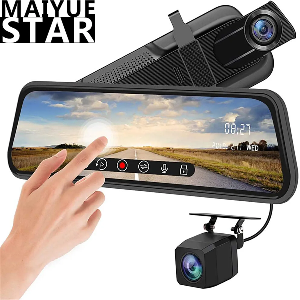 

10''Driving Регистраторы двойной 1080P потоковый медиа-Полный сенсорный Экран Зеркало заднего вида более Ночное видение Водонепроницаемый резервного копирования Камера