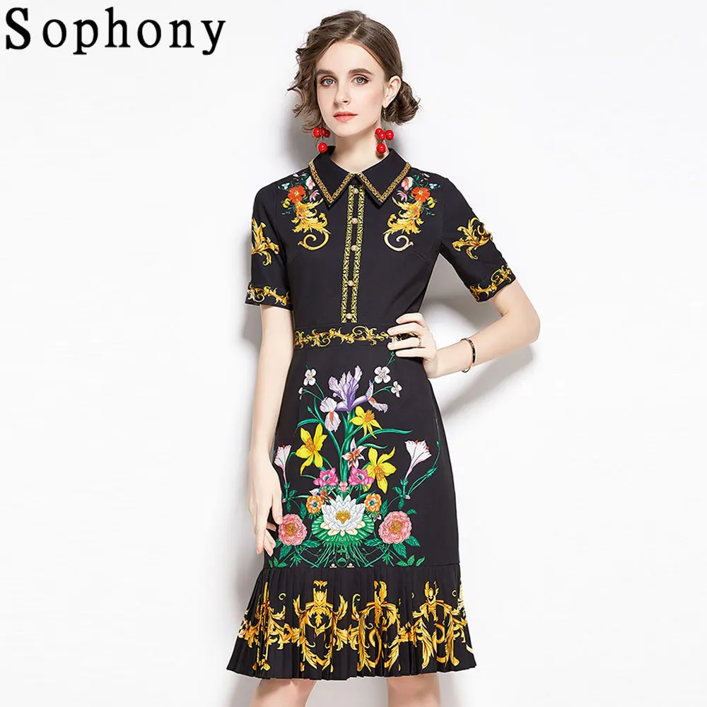 

Runway Designer High Quality Vintage Black Dress Retro Flower Print Shirt Collar Midi Party Dress OF Women Summer Dress M69230