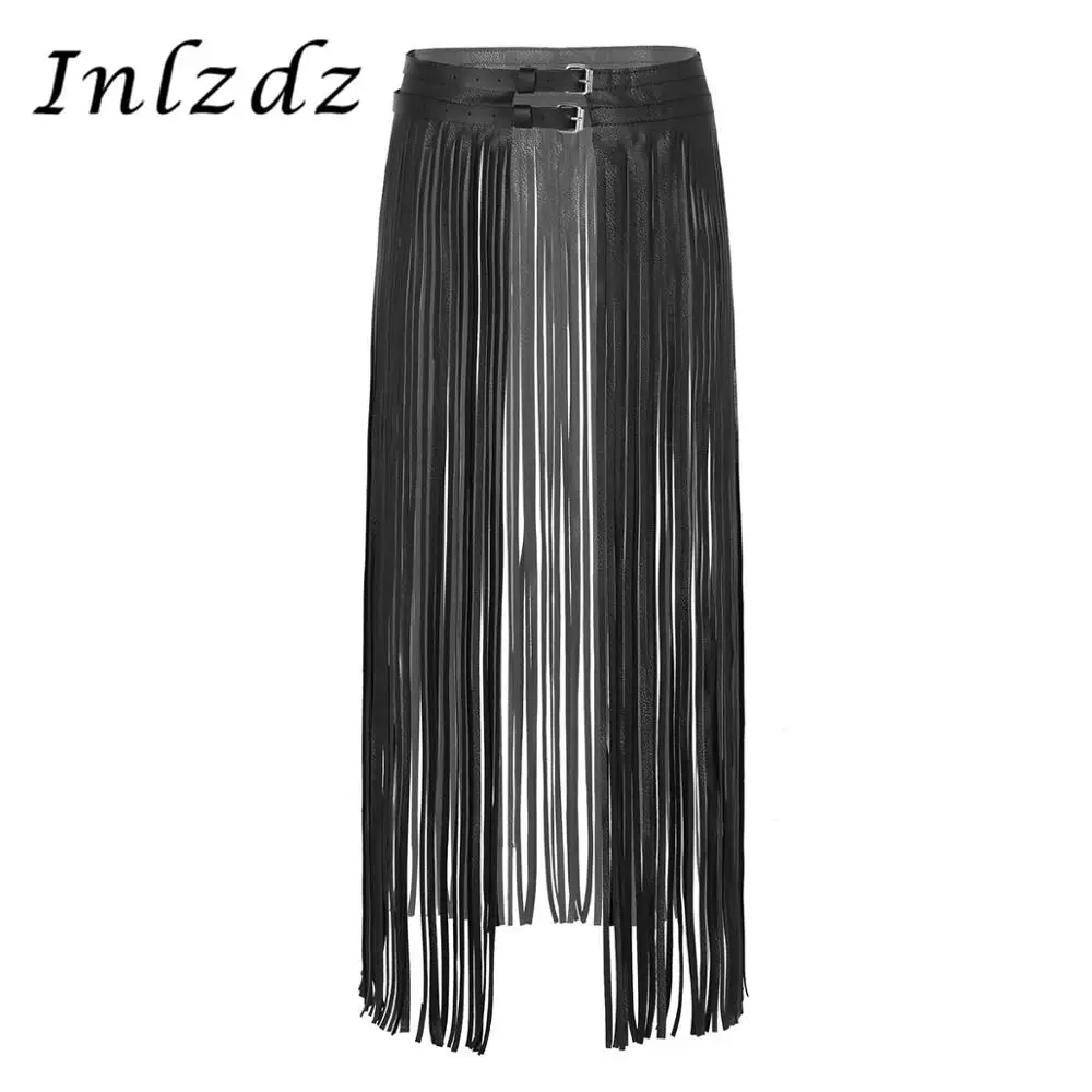 Women Ladies Music Festival Skirt Belt Leather Adjustable Double Buckles Gothic Punk Waistband Long Fringe Tassel |