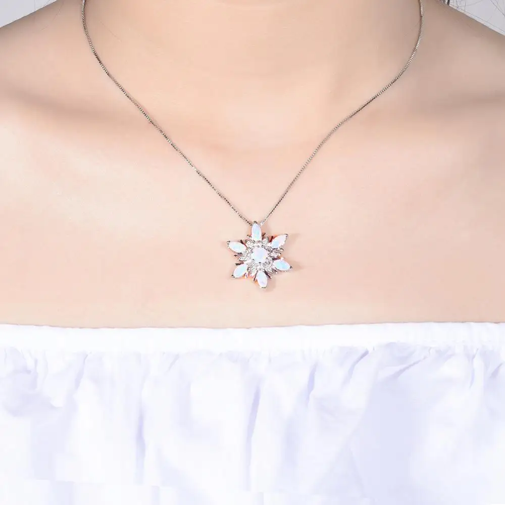 

Dainty Female Blue Opal Pendant Necklaces Cute Silver Color Chain Necklaces For Women Vintage Zircon Flower Wedding Necklace