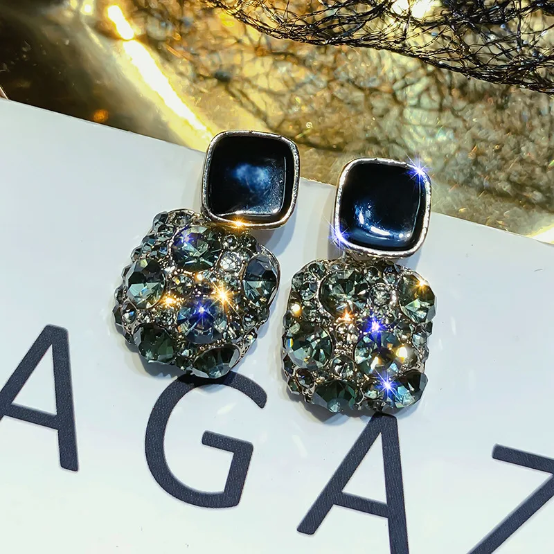 

DREJEW Vintage Green Gray Square Rhinestone Statement Drop Earrings Luxury Dangle Crystal Earrings Women Wedding Party Jewelry
