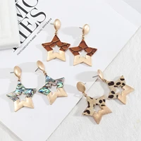 leopard leather abalone shell star drop earrings for women original design fashion trendy jewelry