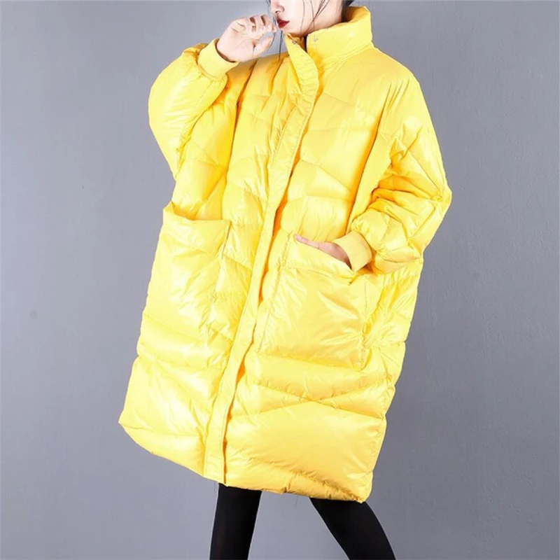 Женский длинный пуховик черный свободный с рукавом летучая мышь верхняя одежда