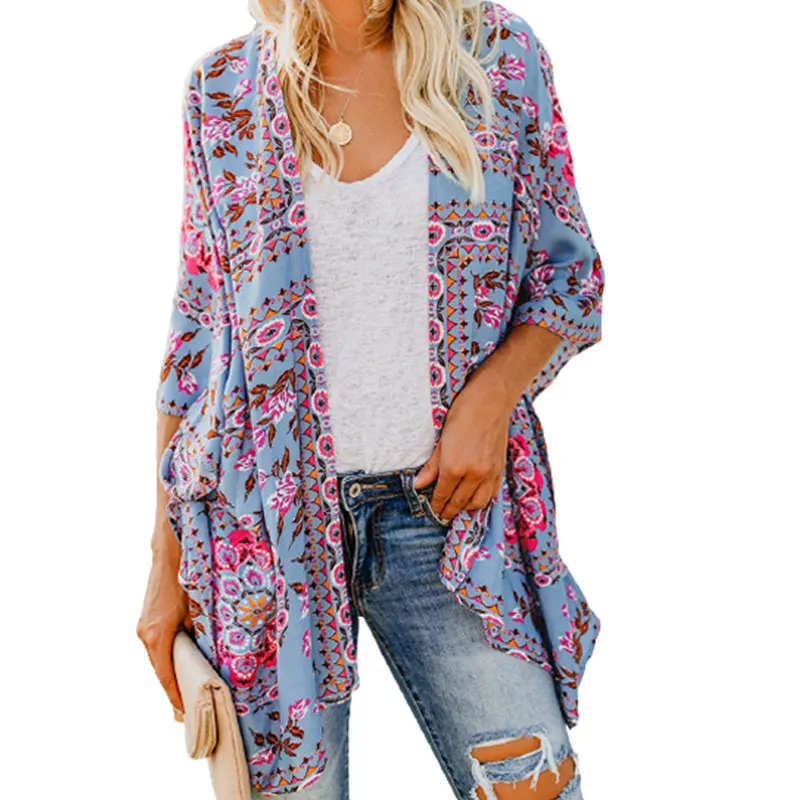 

Women Summer Beach Floral Print Casual Blouse Female Fashion Sun Protection Loose Cover Ups Printed kimono smock thin sunscreen