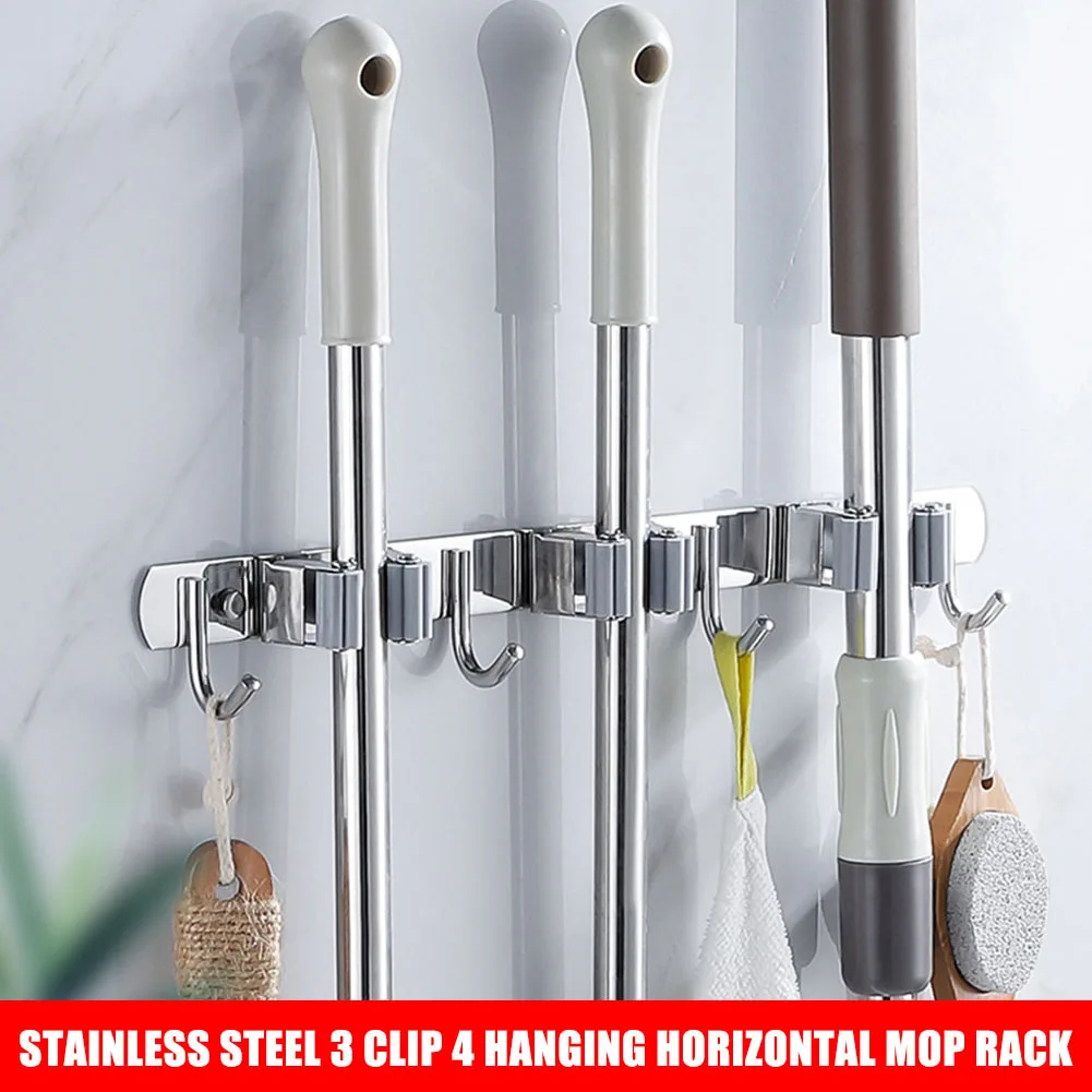 

Broom Mop Holder Wall Mount Stainless Steel Mop Hanger Organizer 3 Racks 4 Hooks for Bathroom Garden C44