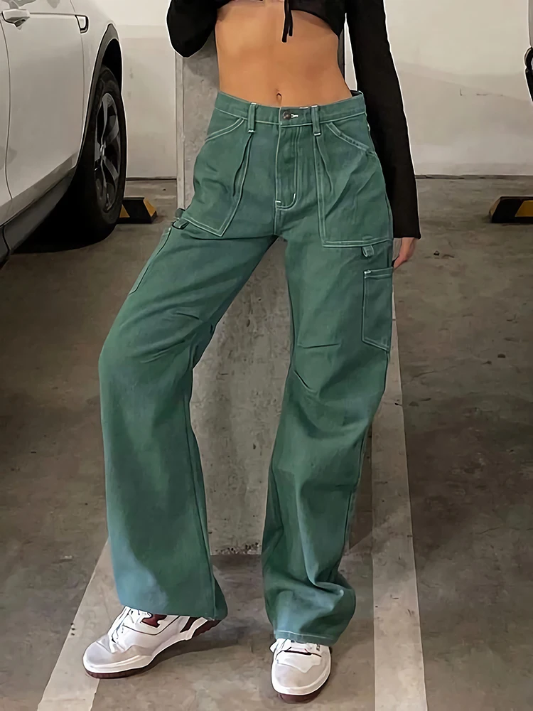 

Женские винтажные джинсы-карго Sifreyr, зеленые модные прямые джинсовые брюки с высокой талией и большими карманами, повседневные брюки для ма...