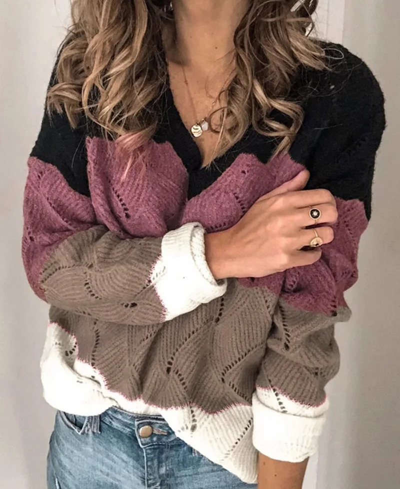 Женский свитер с V-образным вырезом длинным рукавом свободный в стиле пэчворк