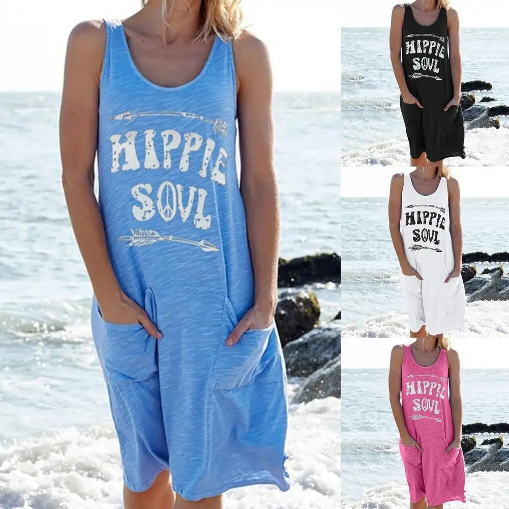 

Women Letter Pattern Print Dress Summer Sleeveless Vest Dress O-Neck Elastic Plus Size Dress Women Casual Pocket Loose Dress