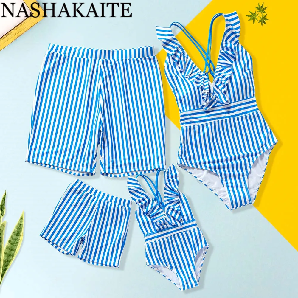 NASHAKAITE Family Kits Blue Striped Deep V-neck Crossed Mommy and me swimsuit Summer Swimwear Family Look Mother and Daughter