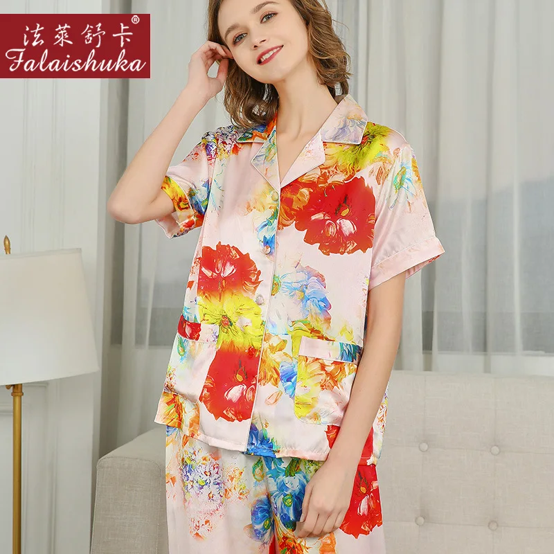 100% Natural Silk Pajama Sets Female Summer Real Silkworm Silk Sleepwear Short Sleeve Printed Women Pyjamas T8239