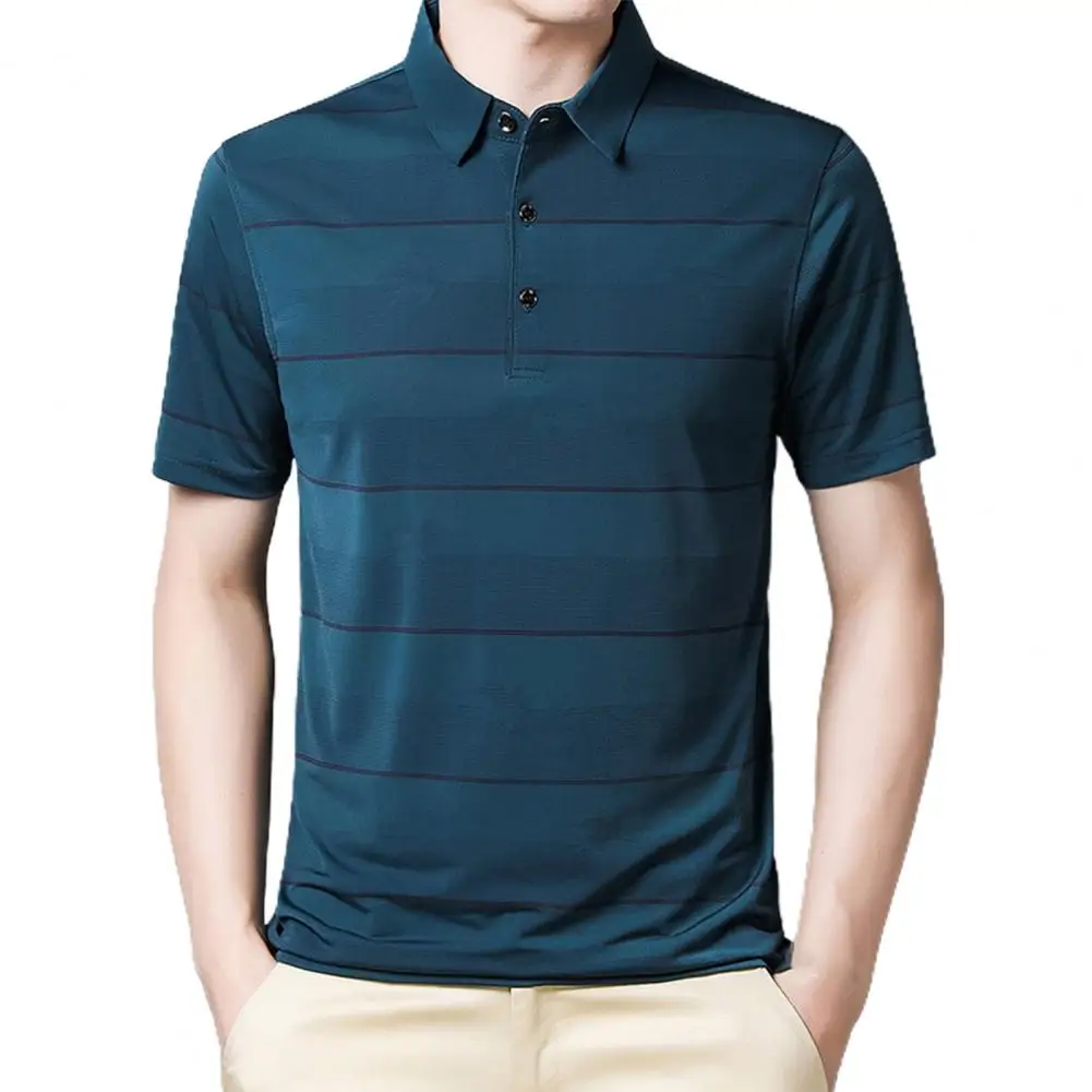 

Men T-shirt Ice Silk Turn Down Collar Summer Short Sleeve Striped Slim Shirt Top for Business