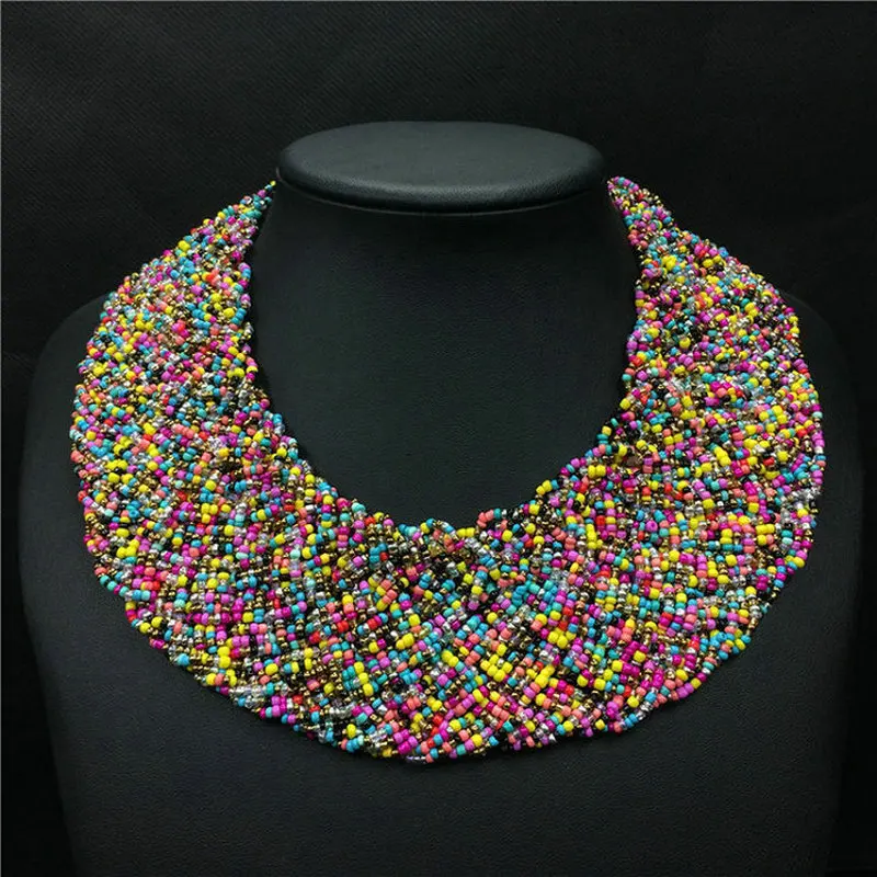 Женское многослойное ожерелье ручной работы массивное плетеное с разноцветными