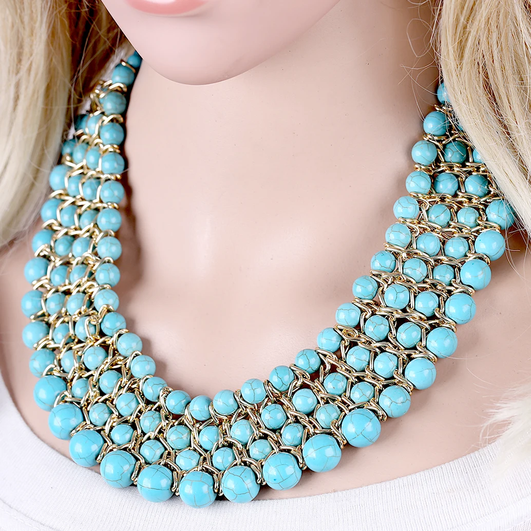 

HAHATOTO Semi-precious Stone Synthetic Turquoise Beaded Necklace for Women Girls Handmade Knitted Statement Chokers Necklaces