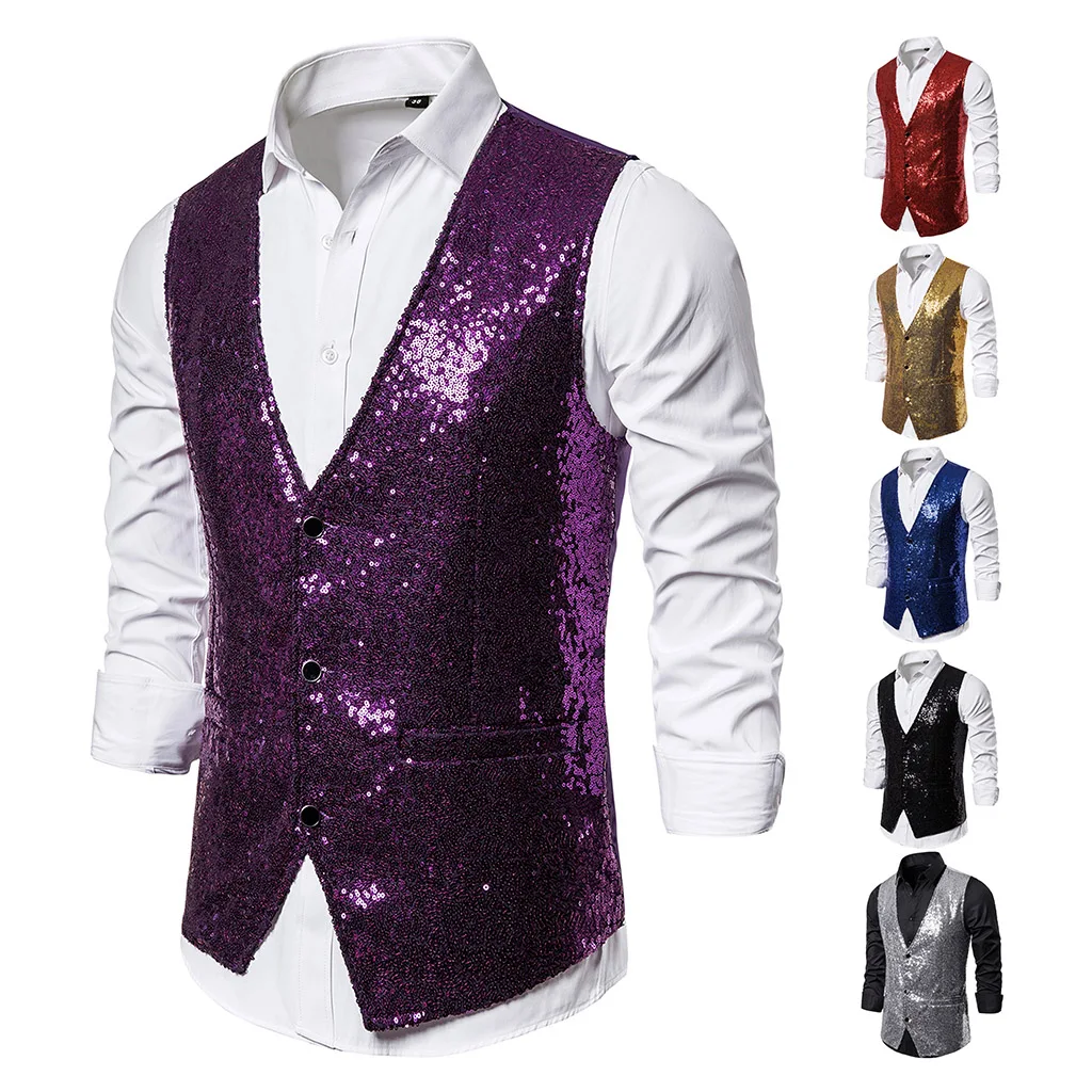 

Vogue Nice Men Fashion Sequin Blazers Vest Gliter Suit Vest Nightclub DJ Stage Clothes Shiny Gold Sequin Bling Glitter Vest