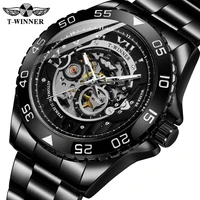 t winner mens mechanical self winding movement skeleton stylish casual luxury watch with stainless steel bracelet wrg8193m4