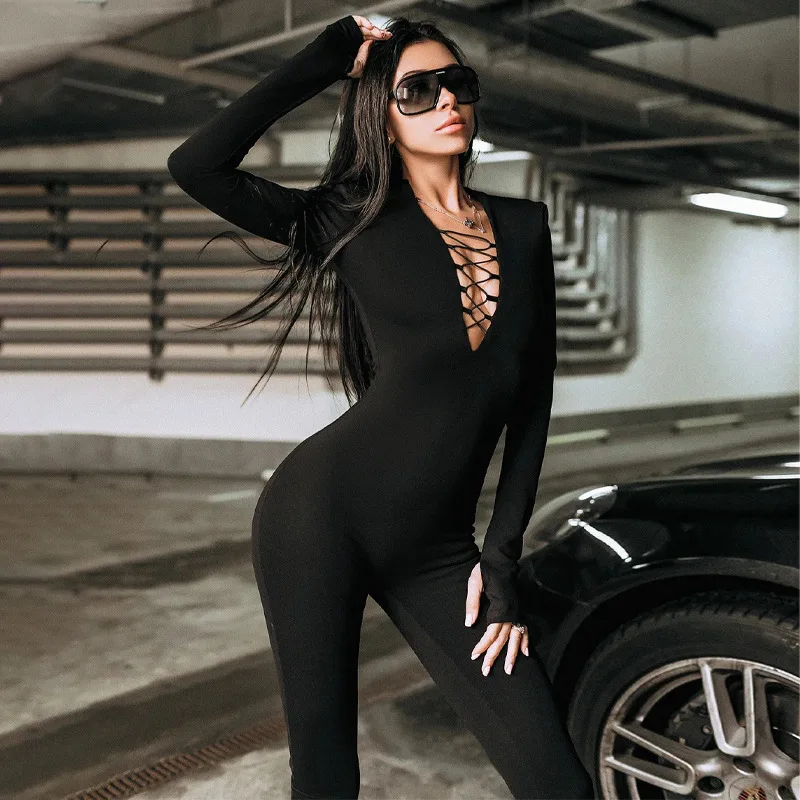 

Women Sexy Skinny Hollow Out Solid Romper Casual High Waist With Shoulder Pads Female Jumpsuits Autumn Winter Elegant Bodysuit
