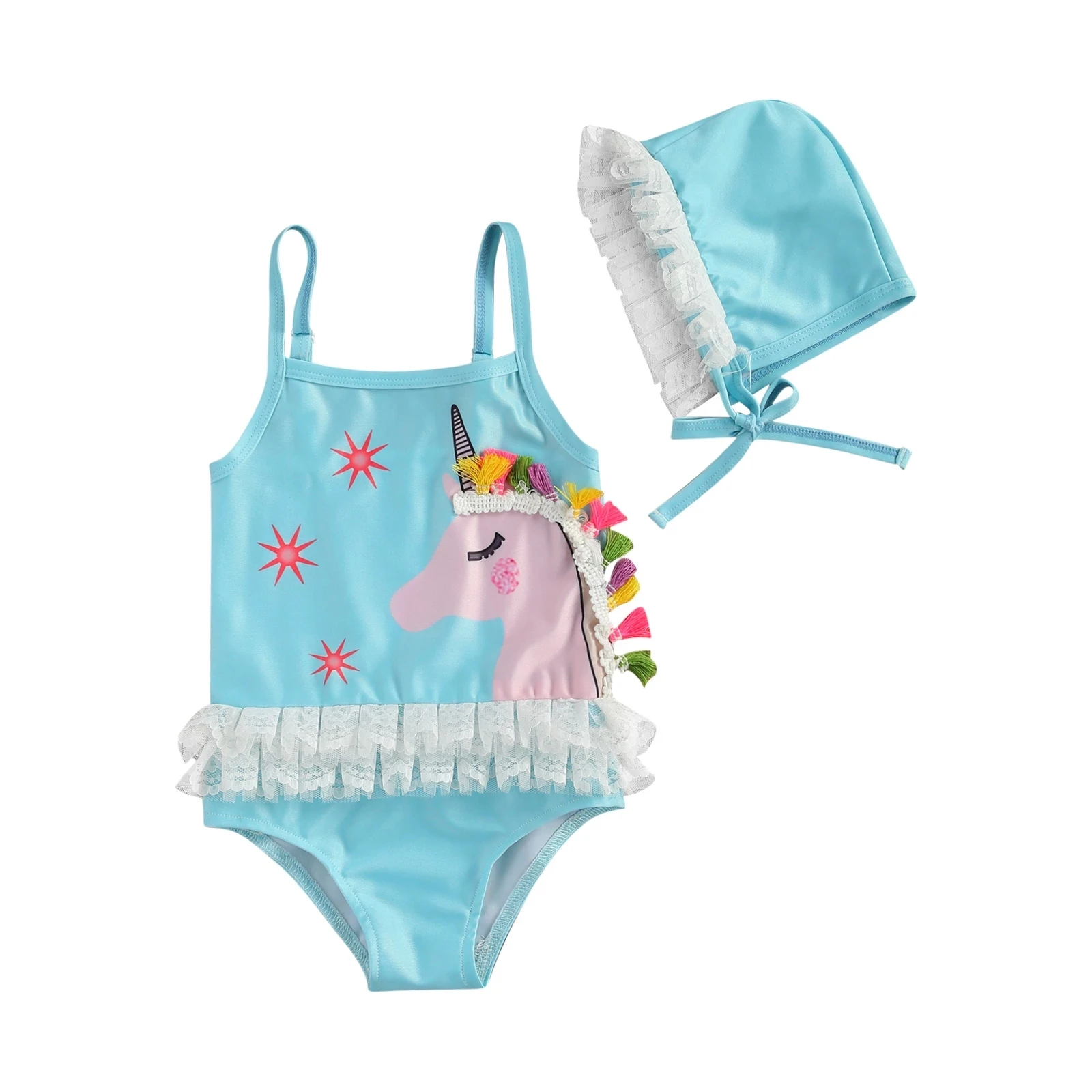 

2021 Summer Swimsuit 1-6T Infant Baby Girls Swimwear Unicorn Colorful Tassels Lace Ruffled One Piece Tankini +Hats