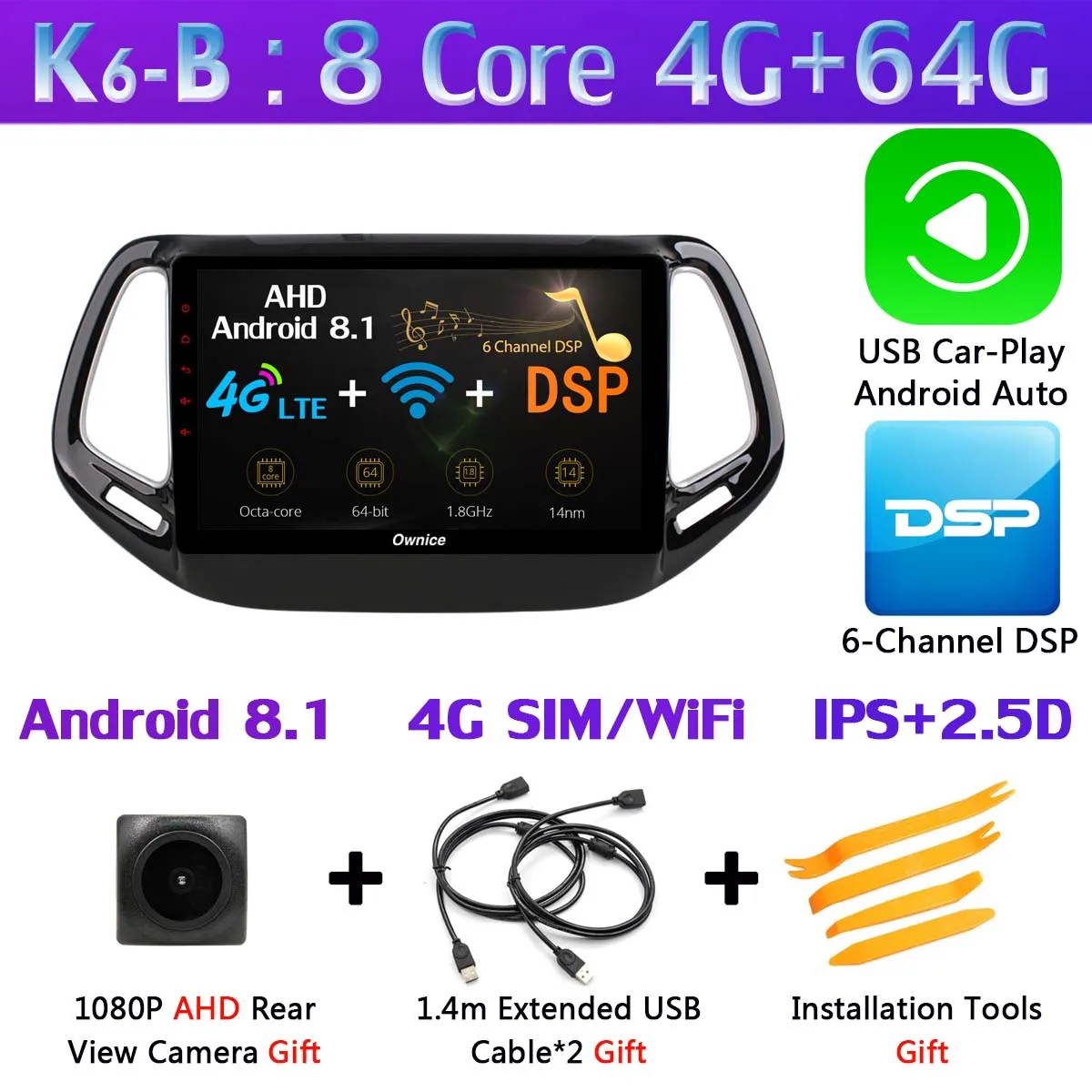 K6-B-CarPlay 360 ° панорамный 4G+ 64G Android 9,0 автомобильный мультимедийный плеер для Jeep Compass автомобильный радиоприемник с навигацией GPS CarPlay SPDIF - Цвет: K6-B-CarPlay