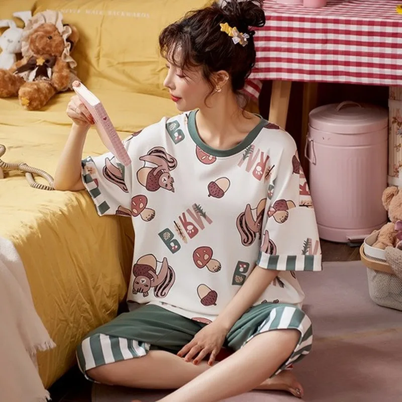 

New Arrivals Women Home Wear Clothes Summer Short Sleeve Women Pajamas Set Pant Pyjamas Sets Full Cotton Leisure Sleepwear Top