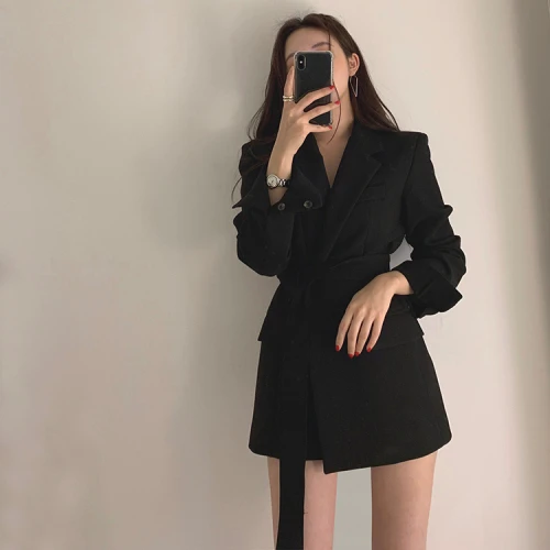Модный черный длинный женский костюм, куртка с поясом, корейский стиль, высокое качество,, осенне-зимняя куртка, пальто