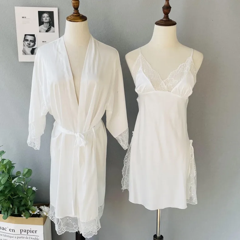 

Women White Robe Set Satin Silky Sleep Set Lace Trim Bathrobe Gown Sexy V-neck Kimono Gown Casual Nighty&Robe Set Home Wear