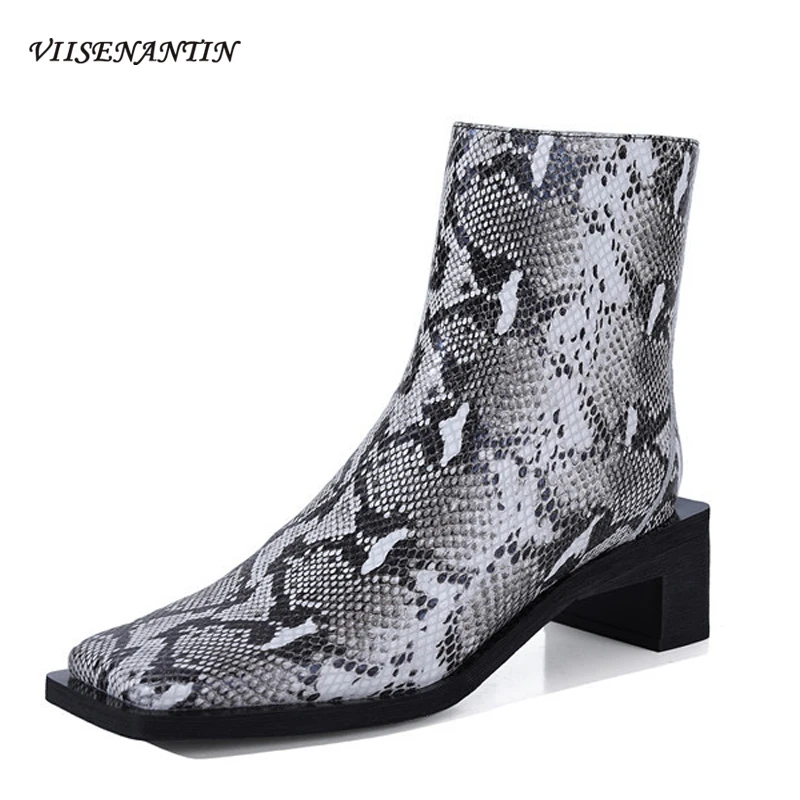 

2021 spring autumn new sexy snake print short boots women's square toe thick heel mid-heel leather boots fashion trendy boots