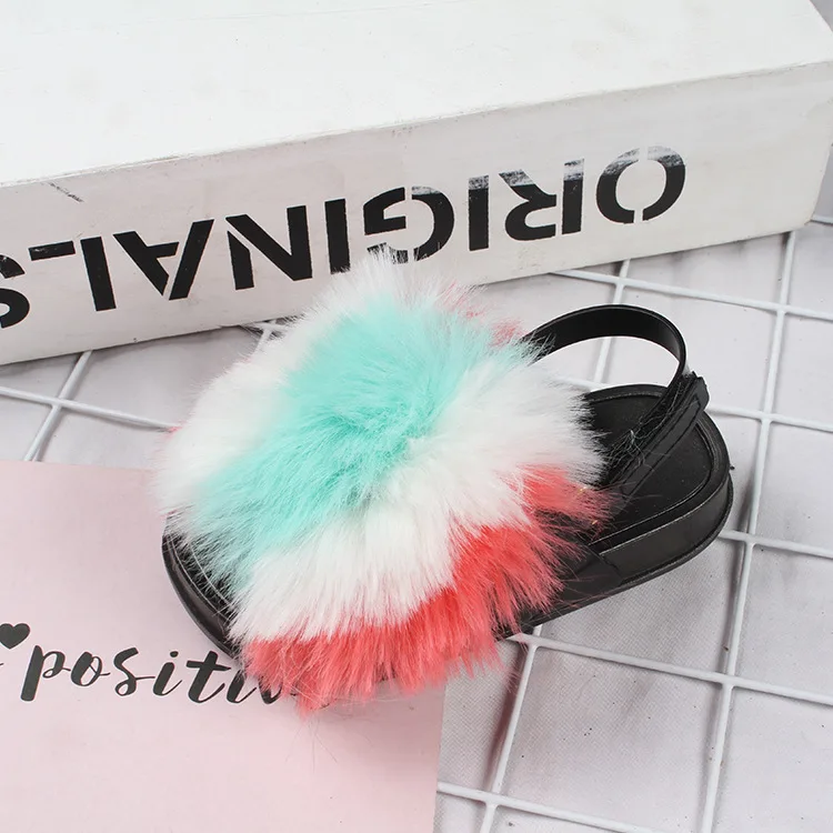 

Summer Children Fur Slippers Kids Fur Slides with Strap Fluffy Fox Fur Flip Flops Flat Elastic Baby Furry Sandals Cute Fur Shoes
