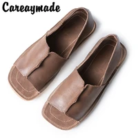 careaymade original handmade square head retro sandals womens leather casual flat sole simple comfortable womens leather shoes