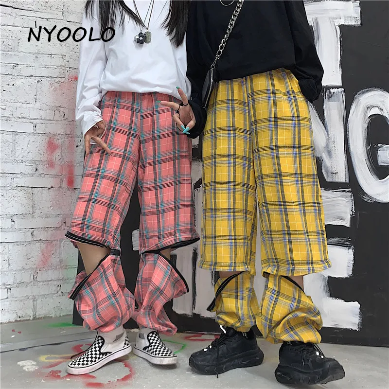

NYOOLO Harajuku hip hop plaid high waist zipper wide leg pants women men Autumn streetwear loose elastic waist jogger pants