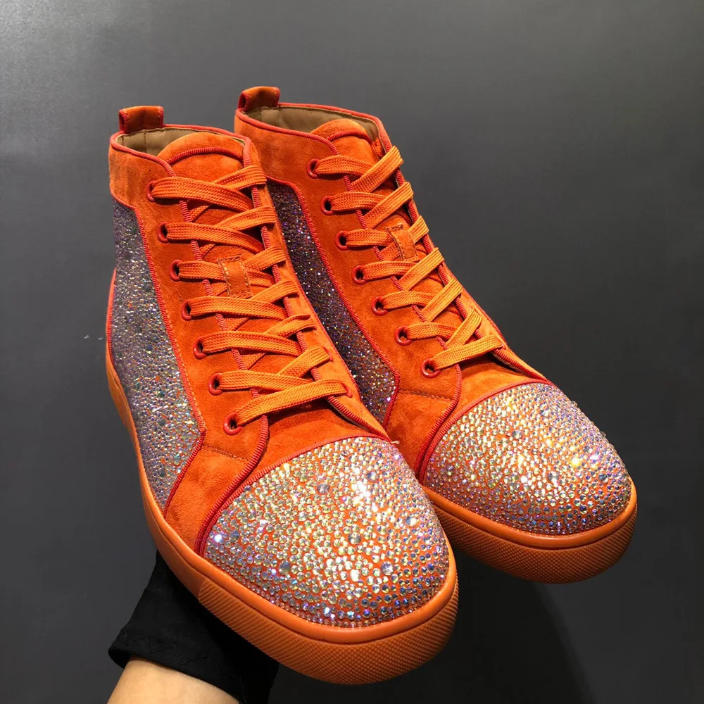 

High Top Red Bottom Men Shoes Starry Sky AB Rhinestones Orange Cowhide Suede Leather Luxury Ladie Flat Loafers Casual Sport Shoe