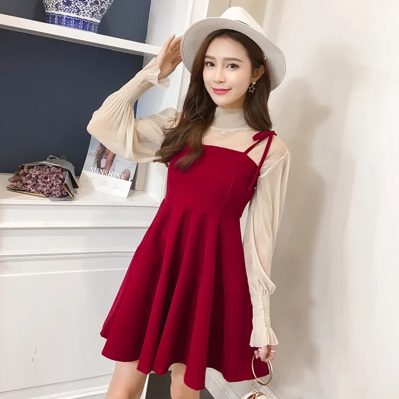 Женский прозрачный топ с длинными рукавами фонариками + платье комплект из 2