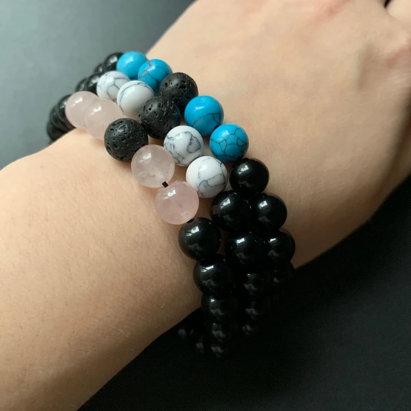 Натуральный черный оникс Кристалл розовый кварц Howlite браслет с бриюзой шнур