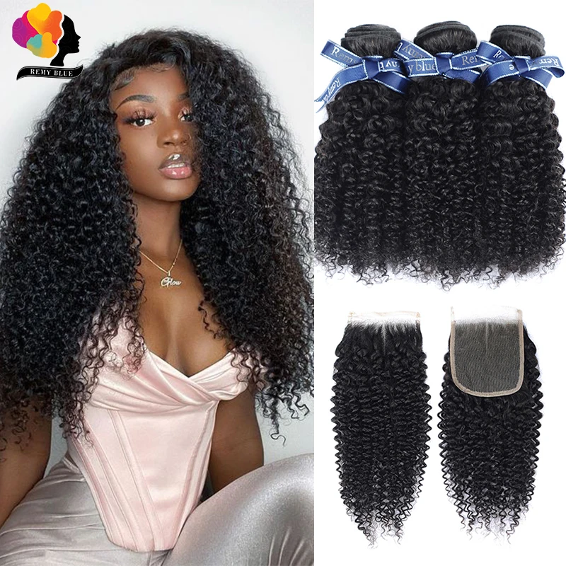 REMYBLUE афро кудрявый вьющиеся пряди с Закрытие естественного Цвет перуанские