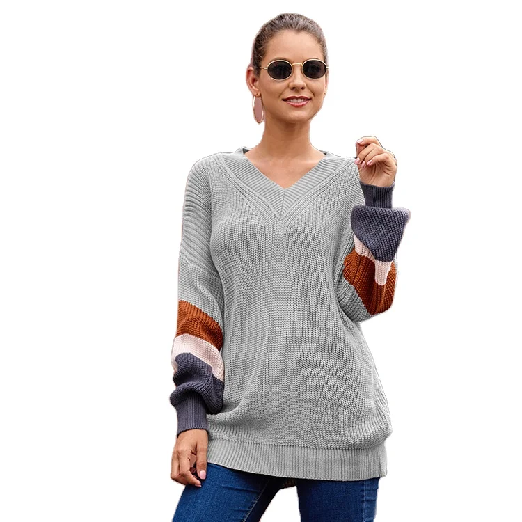 

New Arrival Autumn Knit Sweaters Women Puff Sleeve Stripe Patchwork Pullover Knitted Sweater Women Clothing For Ladies