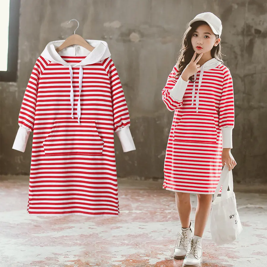 

Chic Spring Cotton Striped Long Sweatshirt For Girls 4-13 Age High Street Patch Pocket Elastic Sleeve Split Hem Hoodies Children