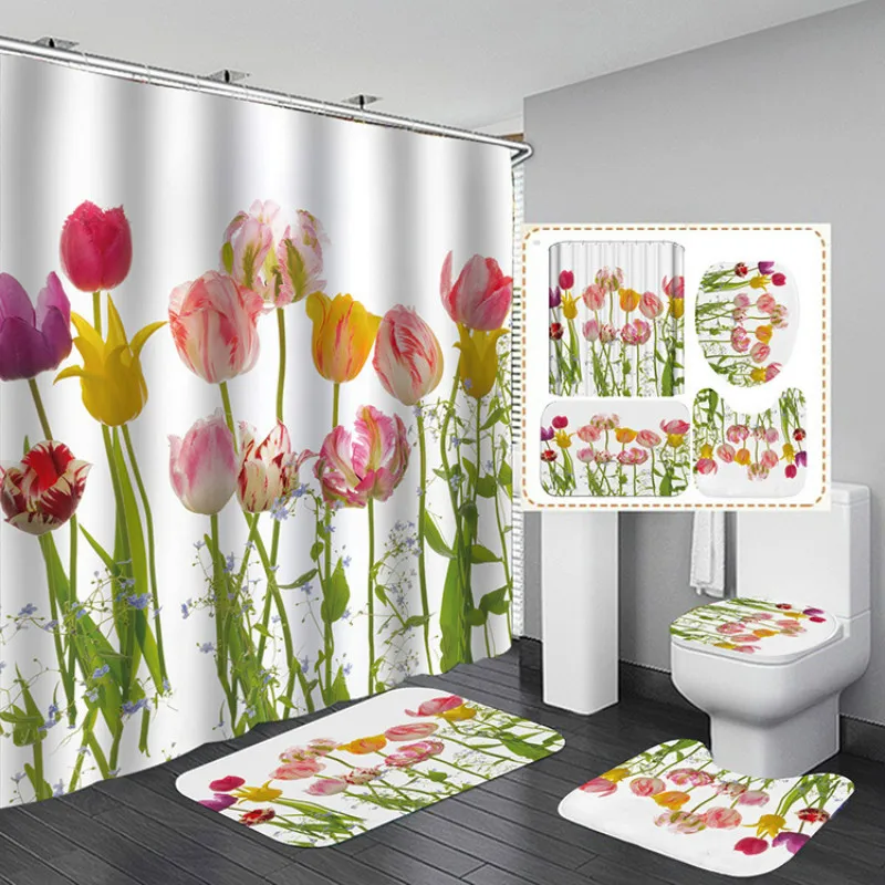 pink big flowers printed shower curtain set with rug anti slip carpet bathtub toilet screen waterproof bathroom decor with hooks free global shipping