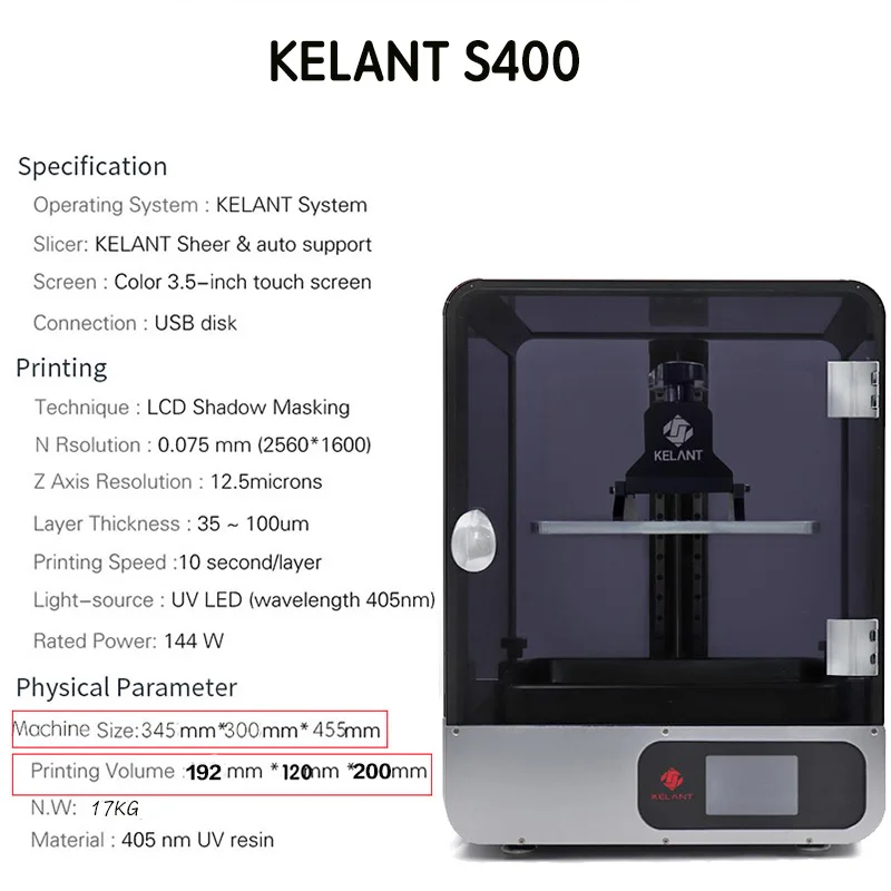 Kelant плюс ЖК-дисплей DLP 3D-принтеры s 8,9 дюймов 2 K лазерной 3D-принтеры большой Фотон УФ-смолы SLA Light-вылечить 192*120*200 мм impresora diy kit - Цвет: S400 3D Printes