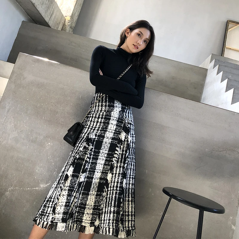 Женская твидовая юбка с высокой талией Мягкая шерстяная клетчатая миди