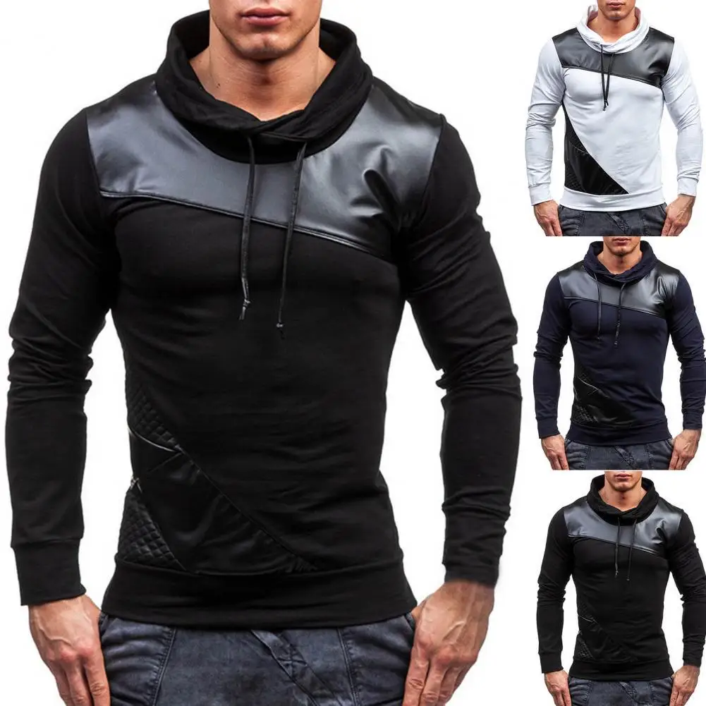 

Oversized Hoodie Men Sweatshirt Contrast Colors Drawstring Faux Leather High Collar Long Sleeve Autumn Sweatshirt Sportswear
