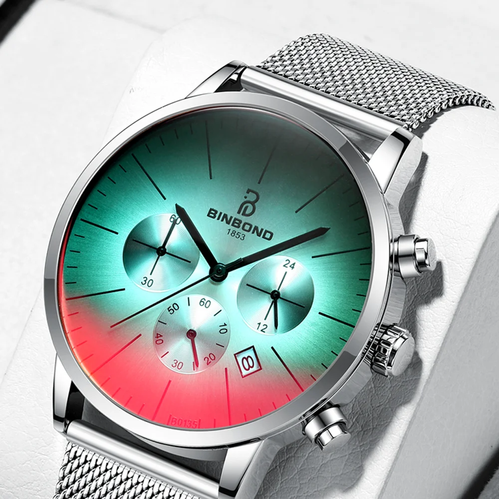 

Mens Watches Sport Quartz Men Watch Color Bright Glass Chronograph Waterproof Wrist Watch Man Stainless Steel Mesh Date Clock