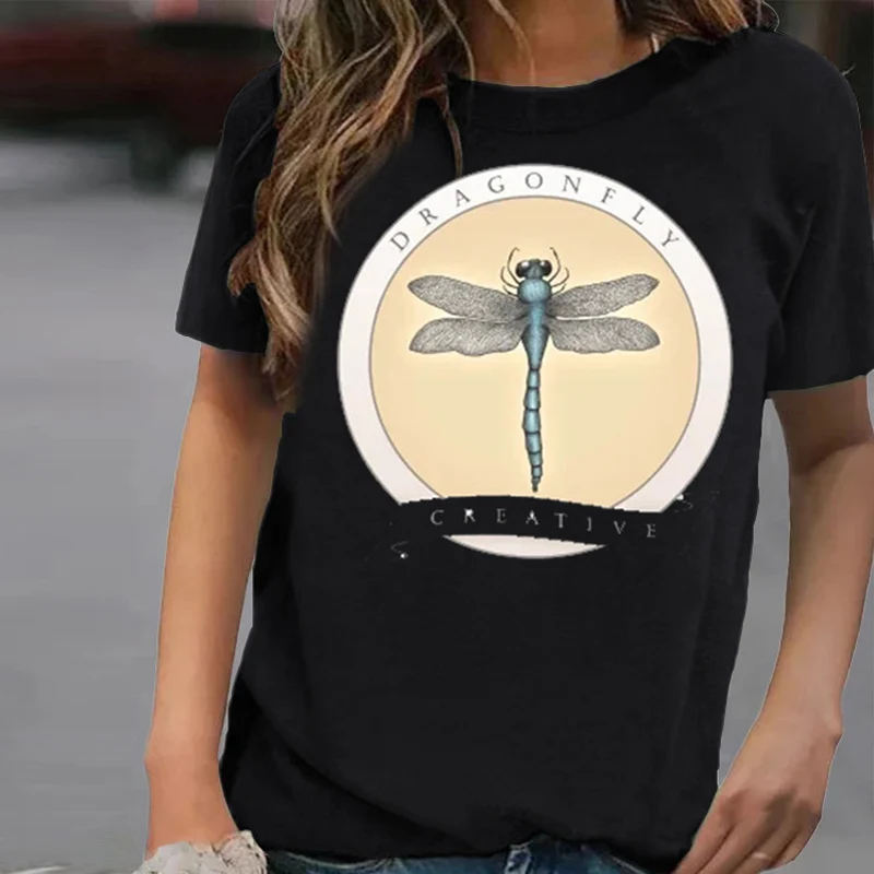 

2021 New Summer Fahsion Circle Dragonfly Print Shirts Women Casual Round Neck Short Sleeve Top Pullover Female Loose Streetweaar