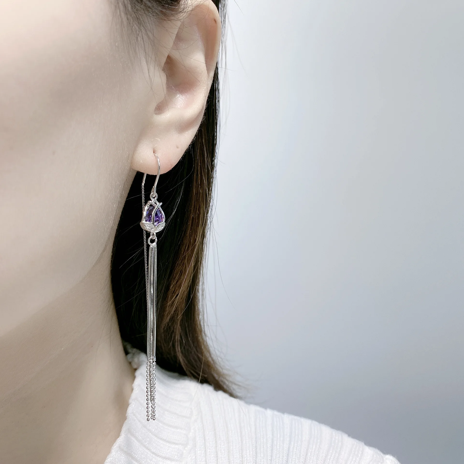 

Viwisfy Multiy Layer 100% Real 925 Sterling Silver Drop Earrings For Girl Purple Crystal Rose Flower Earrings Women VW21328