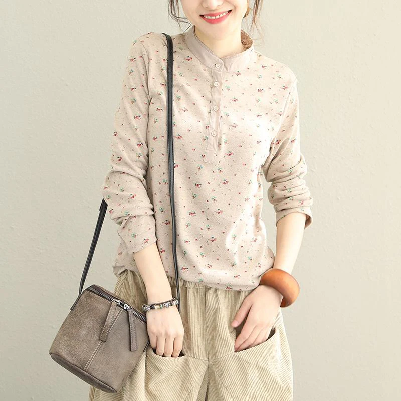 

95% хлопковая Футболка для женщин с длинным рукавом и стоячим воротником Топы с принтом; Сезон весна-осень; Подходит ко всему повседневные фу...