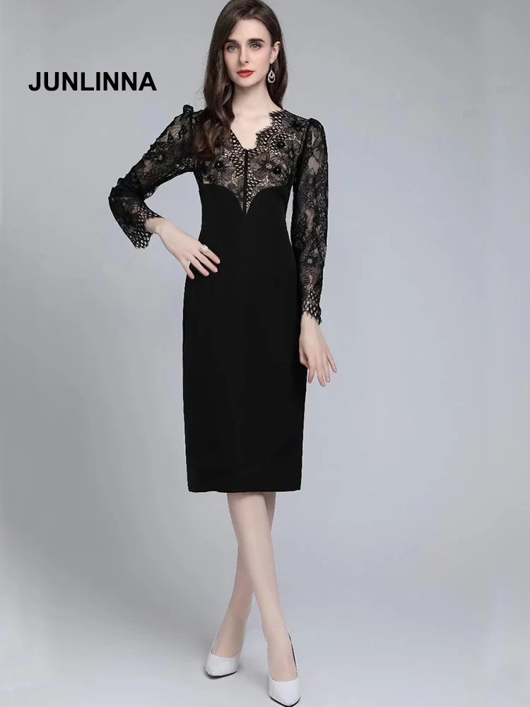 

JUNLINNA Fashion elegant Women Lace Patchwork Dress Appliques Princess Pencil Dresses V Neck Split Vestidos