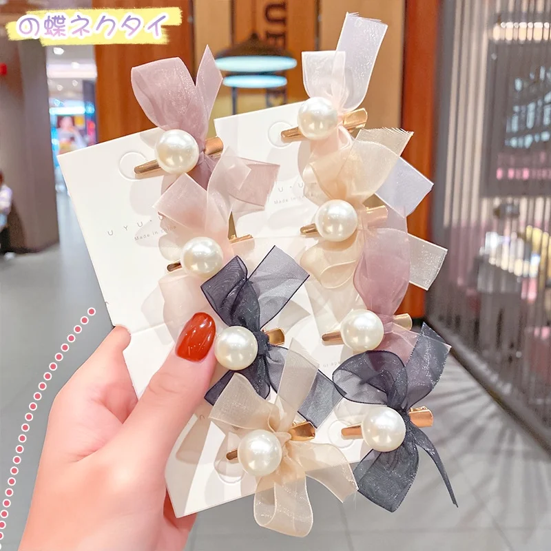 

Romantic net yarn bow pearl hairpin organza sweet simple duckbill Hair accessories