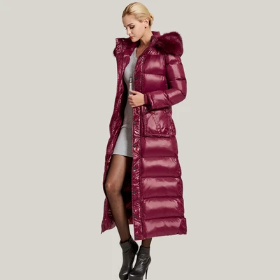 Lpng Wine red X-long, уплотненный пуховик, женский,, тонкий, черный, зимний, теплый, большой меховой воротник, высокое качество, 90%, белый, утиный пух, пальто, парка для женщин - Цвет: Lpng Wine red