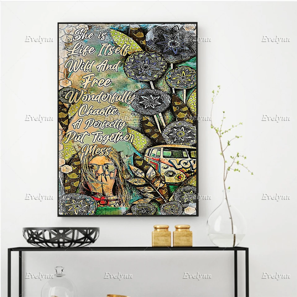 

Hippie Lifestyle Vintage Poster,HippieGirl,Gypsy Soul,Hippie Soul Home Decor Prints Wall Art Canvas Unique Gift Floating Frame