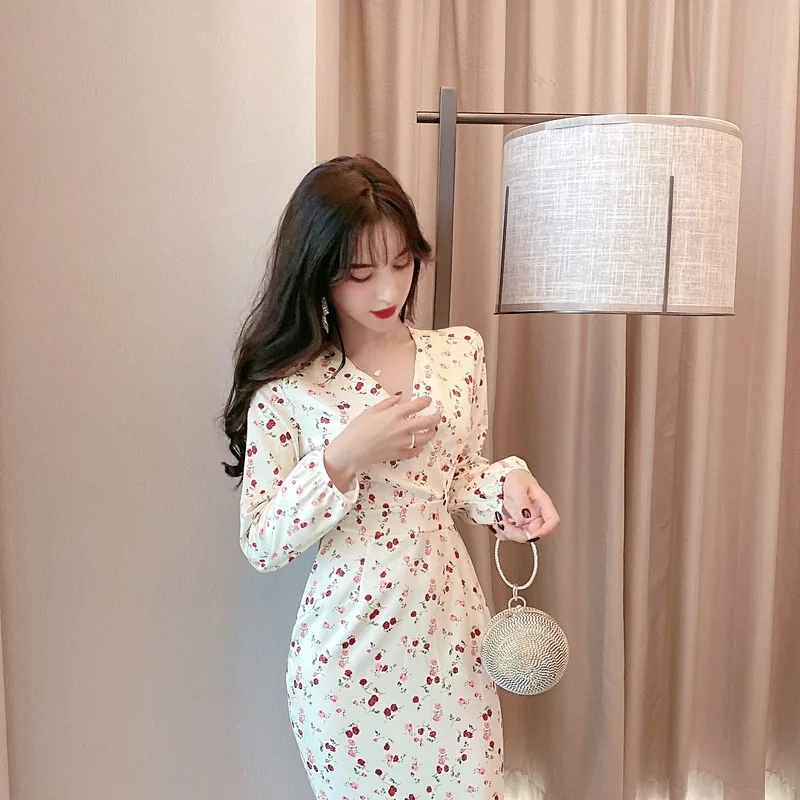 

Floral Fashion Women Elegant Vintage Dress Long Sleeve V Neck Korean Maxi A Line Dresses Office Lady